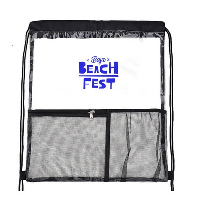 Large Pvc Drawstring Backpack With Bottle Holder And Front Zipper Mesh Pocket